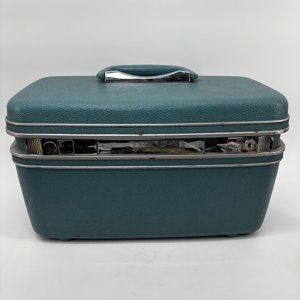 Vintage Samsonite Silhouette Train Case Teal Blue Hard Shell Cosmetic Travel Bag